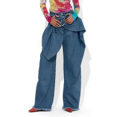 Wide-Leg Eyelet Belted Denim Jeans with Frayed Hem