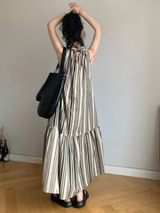 Monochrome Vertical Stripe Halter Maxi Dress