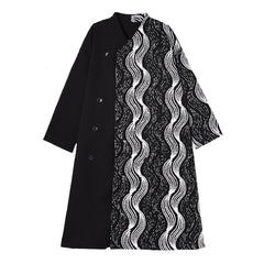 Statement Coat with Black Solid and Graphic Wave Pattern
