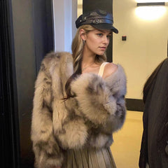 Dappled Faux Fur Collarless Crop Jacket