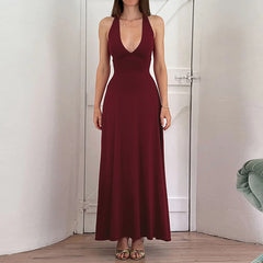 Burgundy Halter Backless Dress