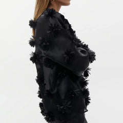 Button-Down Satin Shirt with 3D Floral Appliqués
