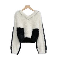 Fuzzy Contrast Colorblock Knit Sweater