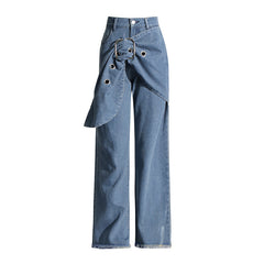 Wide-Leg Eyelet Belted Denim Jeans with Frayed Hem
