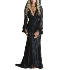 V-Neck Bell Sleeve Sheer Lace Maxi Dress