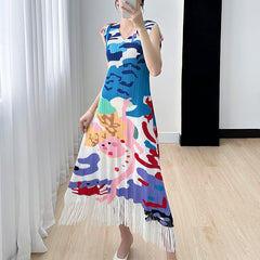 Colorful Seaside Artistic Print Fringe Dress