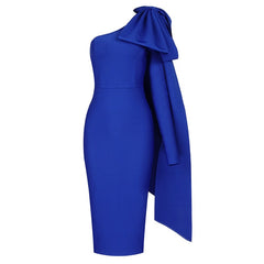 Royal Blue Asymmetric Bow Shoulder Midi Dress