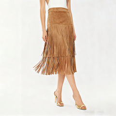 Tiered Suede Fringe Midi Skirt
