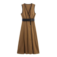 Sleeveless V-Neck Wrap Midi Dress with Belt