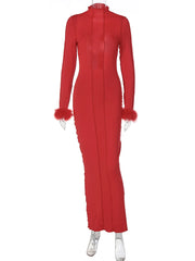 Red Feather Cuff Bodycon Maxi Dress