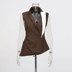Sleeveless Asymmetric Wrap Vest with Contrast Lapel Detail