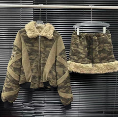 Camo Print Bomber Jacket and Mini Skirt Set