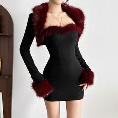 Long Sleeve Bodycon Mini Dress with Faux Fur Trim