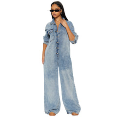 Button-Down Long Sleeve Acid Wash Denim Jumpsuit