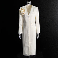 Long Blazer Dress with Oversized Shoulder Flower Accent