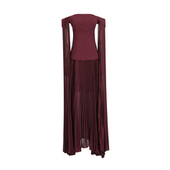 Off-the-Shoulder Long-Sleeve Pleated Maxi Dress