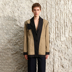 Two-Tone Utility Blazer with Contrast Trim and Pockets