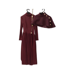 Military Style Capelet High Neck Midi Dress