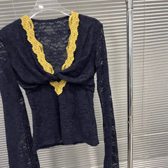 Contrast Lace V-Neck Twisted Long Sleeve Top