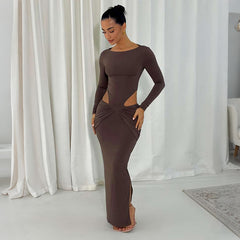 Long Sleeve Waist Cutout Ruched Maxi Dress