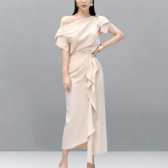 Elegant Satin One-Shoulder Ruffle Gown