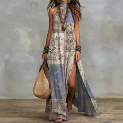Floral Print Halter Maxi Dress with High Side Slit