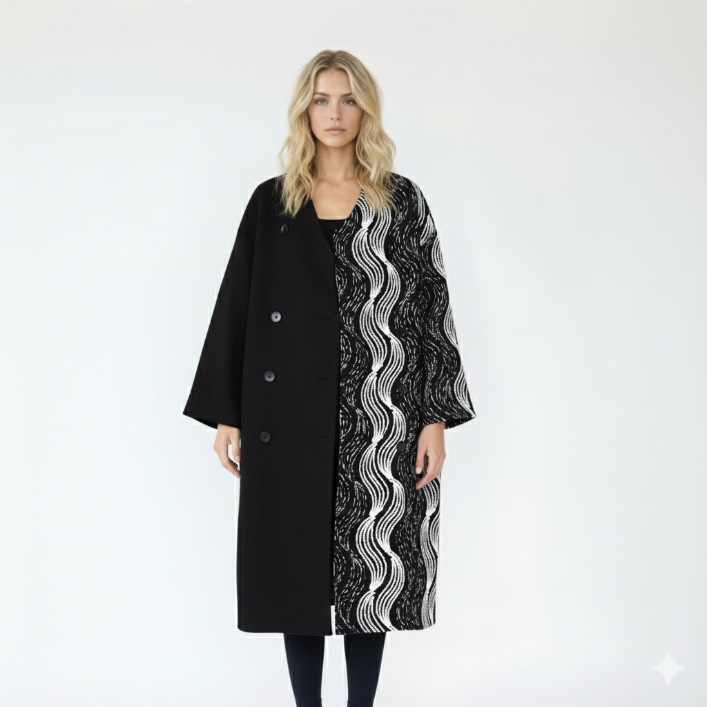 Statement Coat with Black Solid and Graphic Wave Pattern