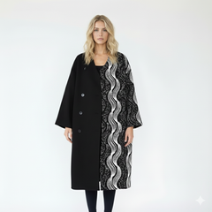 Statement Coat with Black Solid and Graphic Wave Pattern