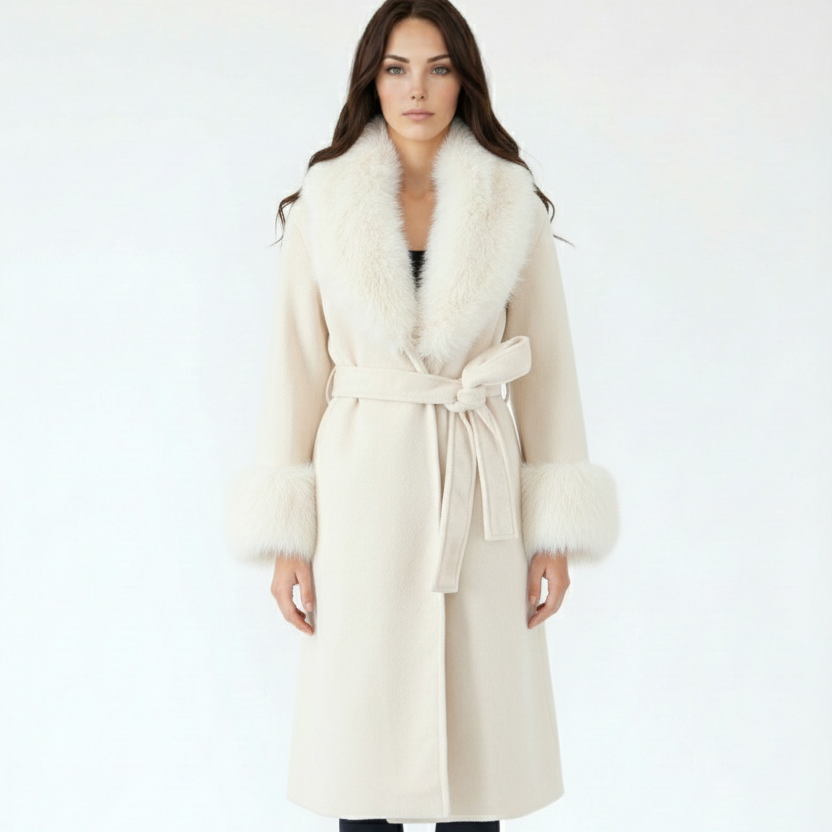 White Faux Fur Trim Belted Coat