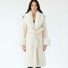 White Faux Fur Trim Belted Coat