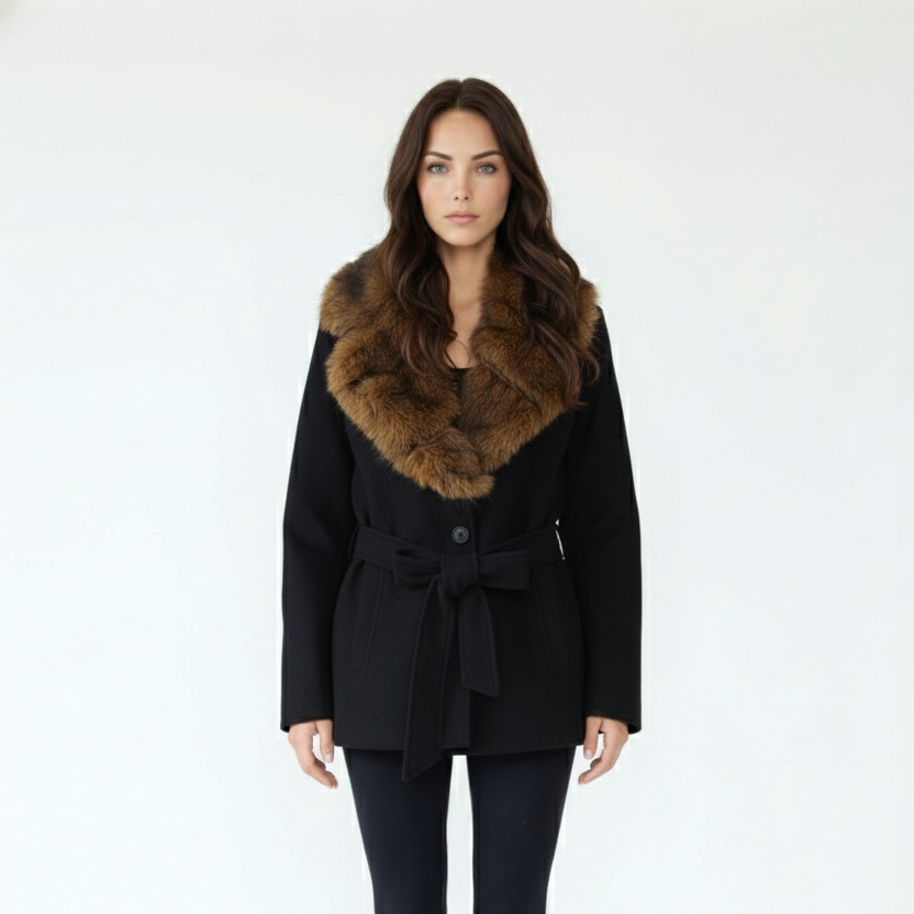 Black Wool Blend Coat with Large Faux Fur Collar