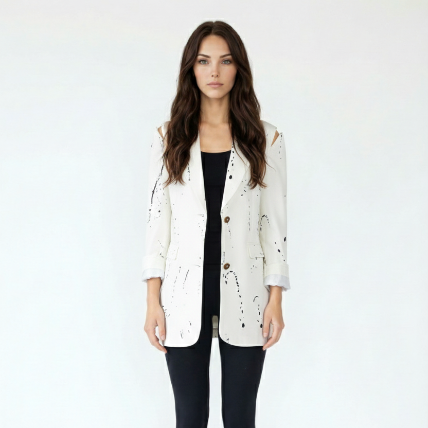 Abstract Print Jacket with Open Shoulder and Wide Cuff Detail