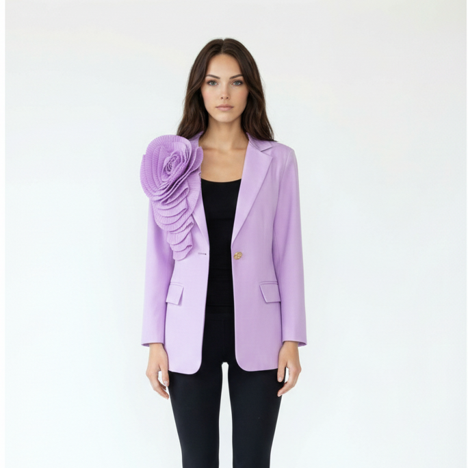 Single-Breasted Blazer with Large Ruffled Floral Applique