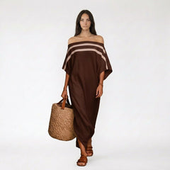 Off-the-Shoulder Striped Flutter Sleeve Maxi Column Dress