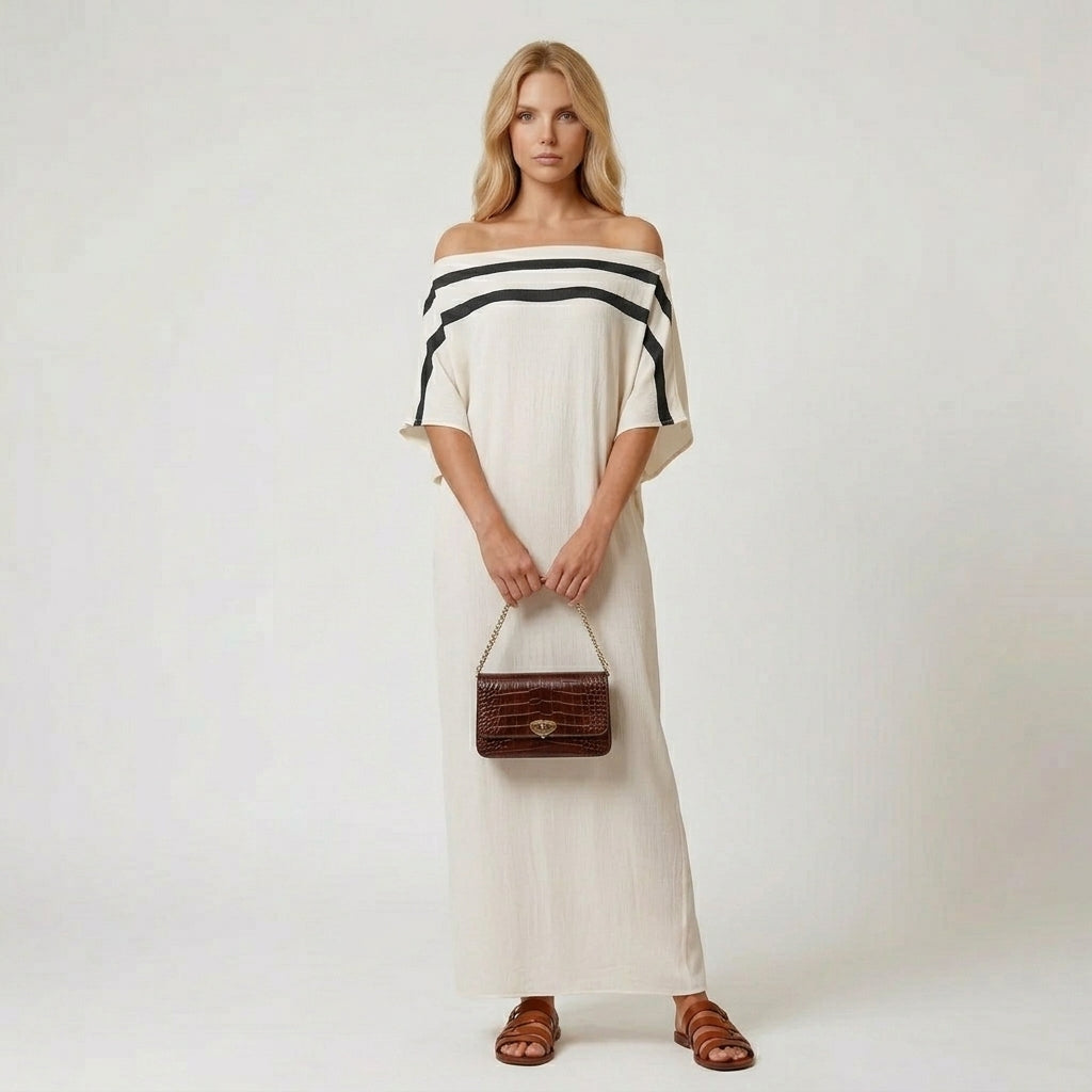 Off-the-Shoulder Striped Flutter Sleeve Maxi Column Dress