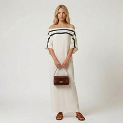 Off-the-Shoulder Striped Flutter Sleeve Maxi Column Dress