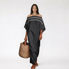 Off-the-Shoulder Striped Flutter Sleeve Maxi Column Dress