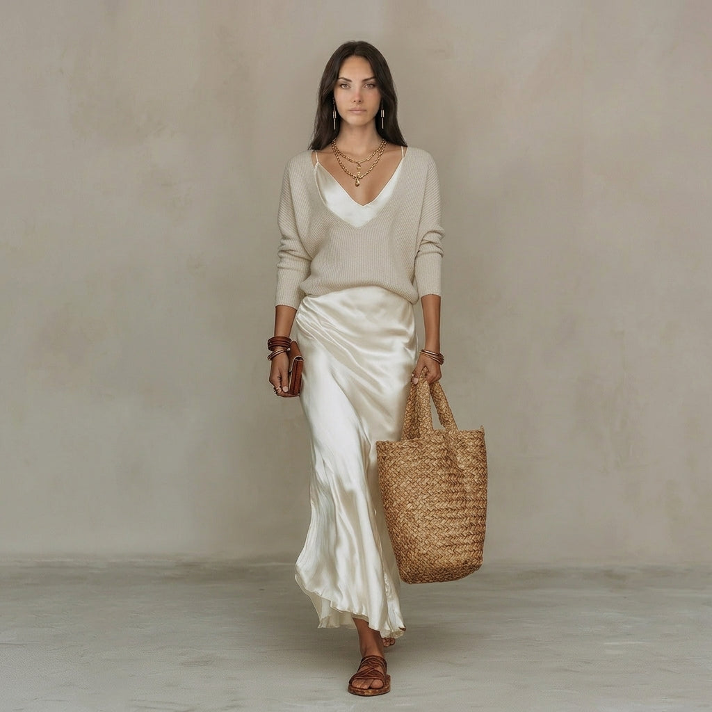 Satin Slip Maxi Dress with V-Neck Knit Sweater Layer