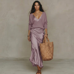Satin Slip Maxi Dress with V-Neck Knit Sweater Layer