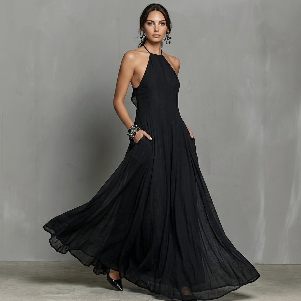 Halter Neck Backless Maxi Dress with Side Pockets