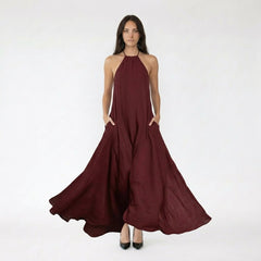 Halter Neck Backless Maxi Dress with Side Pockets