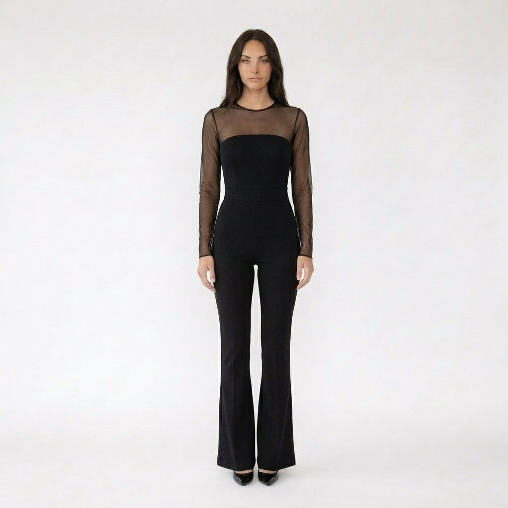 Sheer Mesh Long Sleeve Flare Leg Jumpsuit