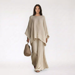 Oversized Batwing Tunic and Wide-Leg Linen Trouser Set