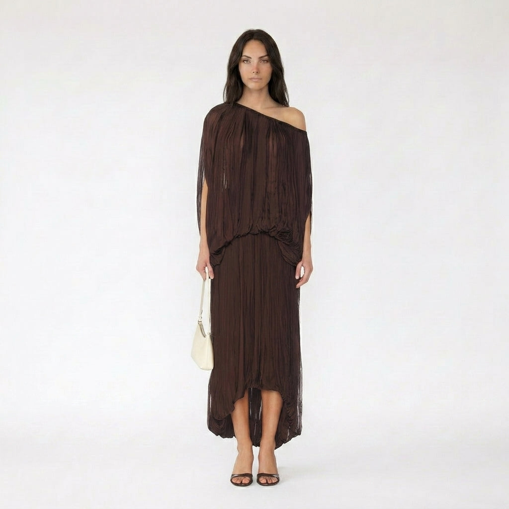 One-Shoulder Pleated Maxi Dress with Asymmetrical Hemline