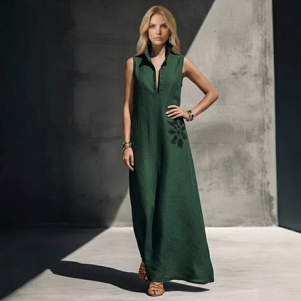 Sleeveless Maxi Shirt Dress with Floral Embroidery Detail