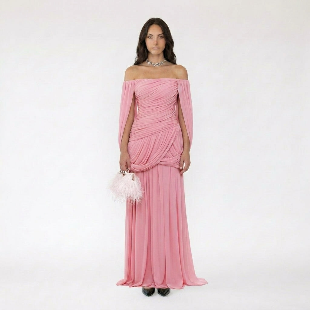 Off-the-Shoulder Ruched Gown with Draped Cape Sleeves