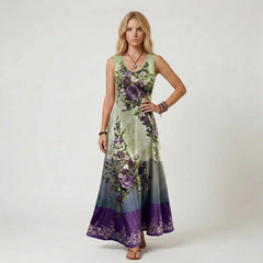 Sleeveless V-Neck Maxi Dress with Floral Graphic Print