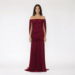 Off-the-Shoulder Ruched Gown with Draped Cape Sleeves