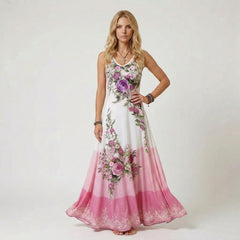 Sleeveless V-Neck Maxi Dress with Floral Graphic Print
