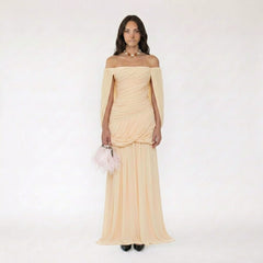 Off-the-Shoulder Ruched Gown with Draped Cape Sleeves